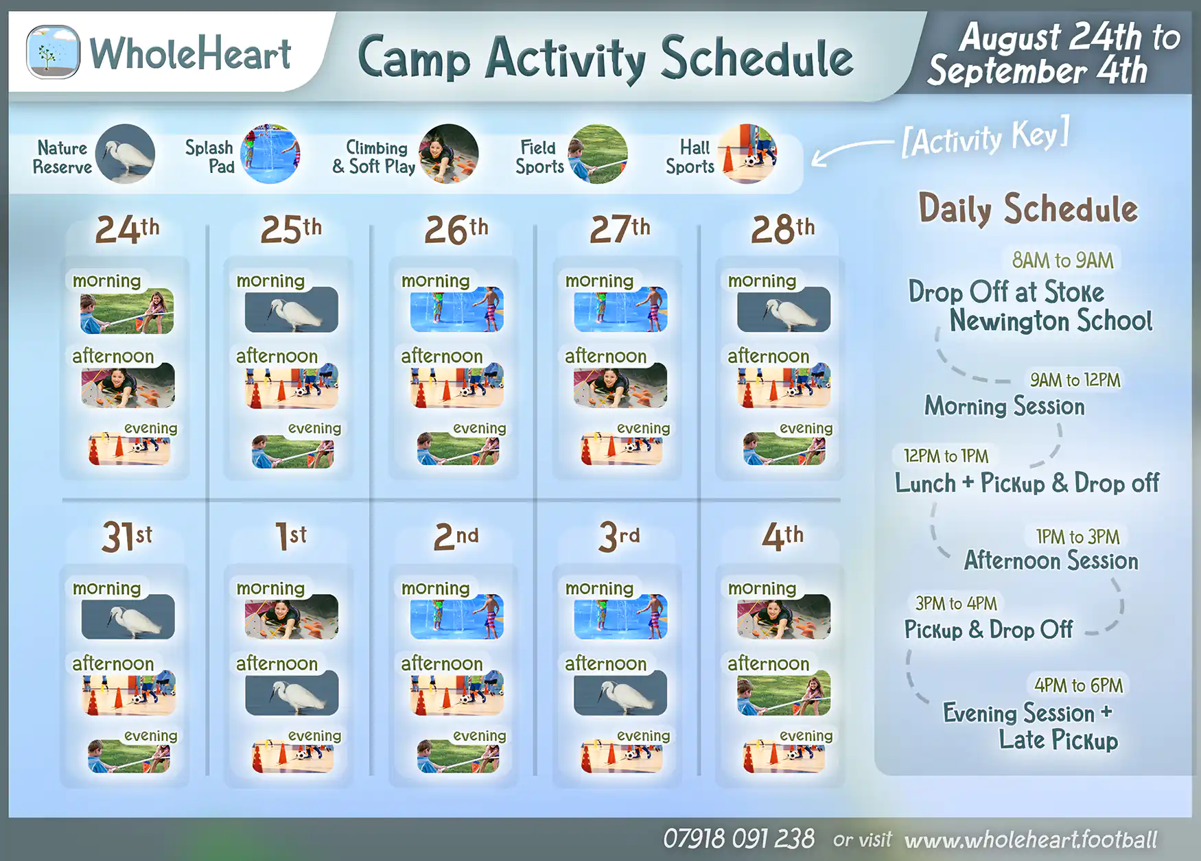 activity schedule for WHoleHeart's sport and adventure camps.